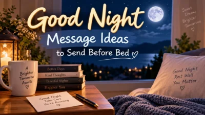 Good night message ideas beside a cozy bed, moonlit window, candle, and handwritten notes