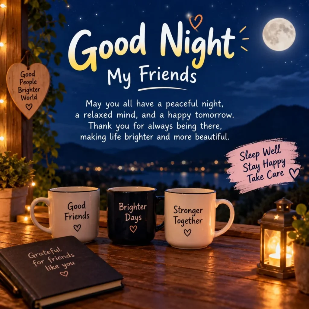 Good Night Messages for Friends with a peaceful starry sky, moon, mugs, and warm lantern light