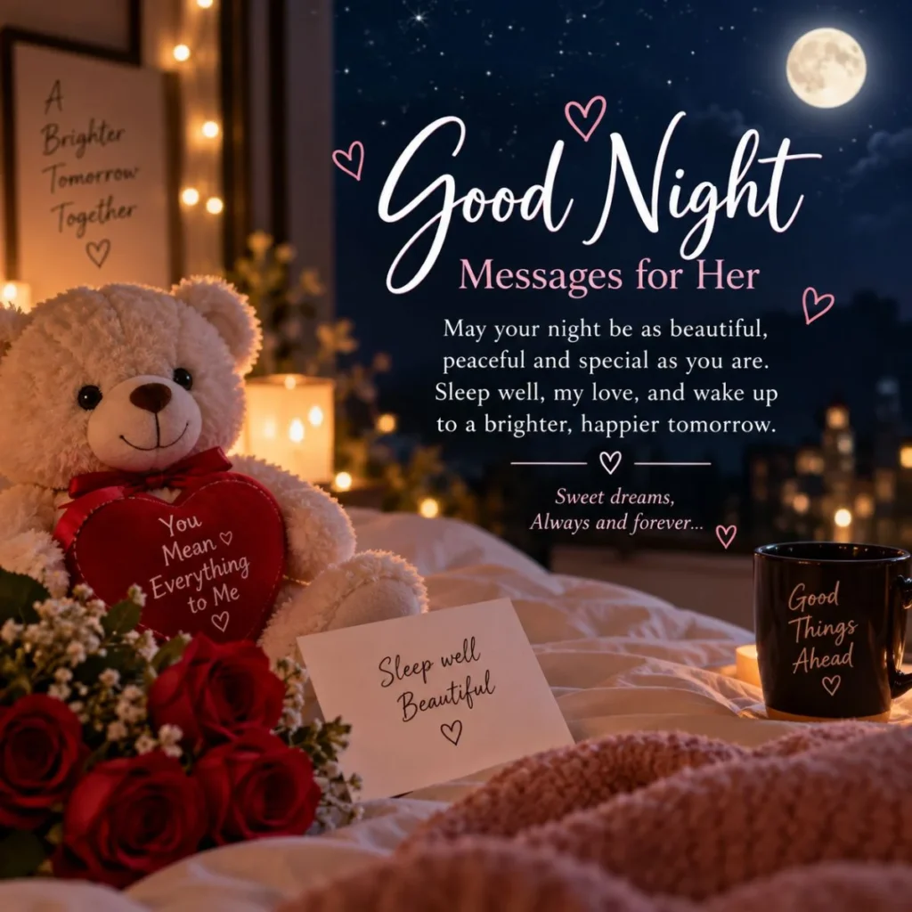 Romantic good night messages for her with roses, teddy bear, candles, and a moonlit starry sky