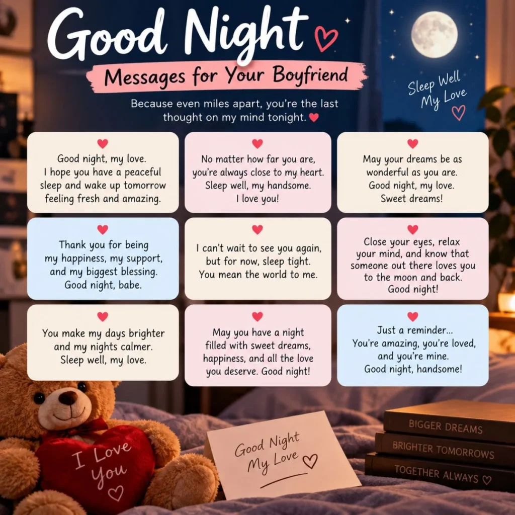 Romantic good night messages for boyfriend with moonlit bedroom, hearts, and sweet love wishes