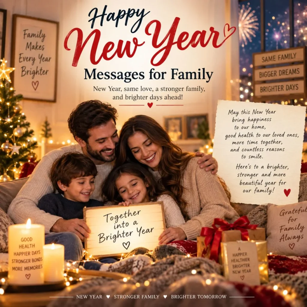 Happy New Year messages for family with a joyful family celebrating together at home
