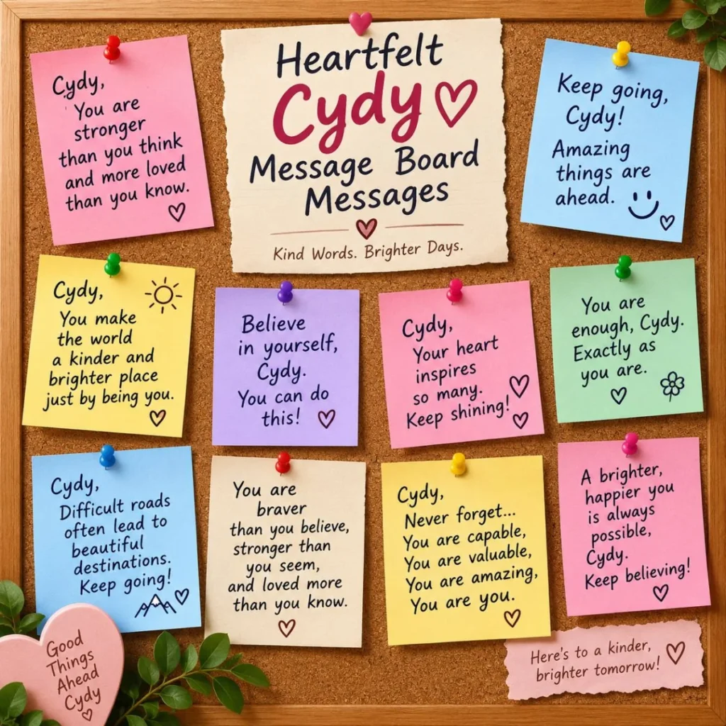 Heartfelt Cydy message board with colorful notes, encouraging words, hearts, and uplifting messages