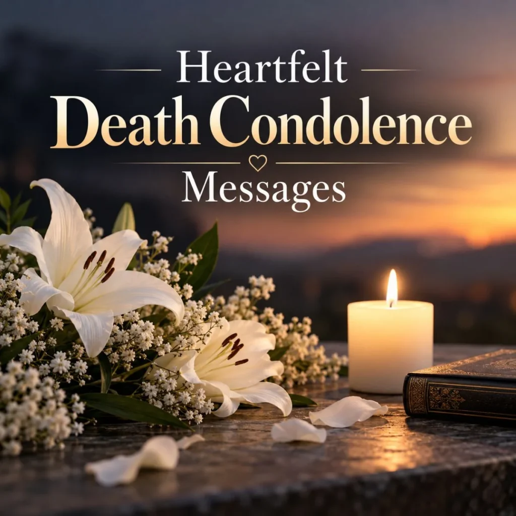 Heartfelt death condolence messages with white lilies, candle, and peaceful sunset background