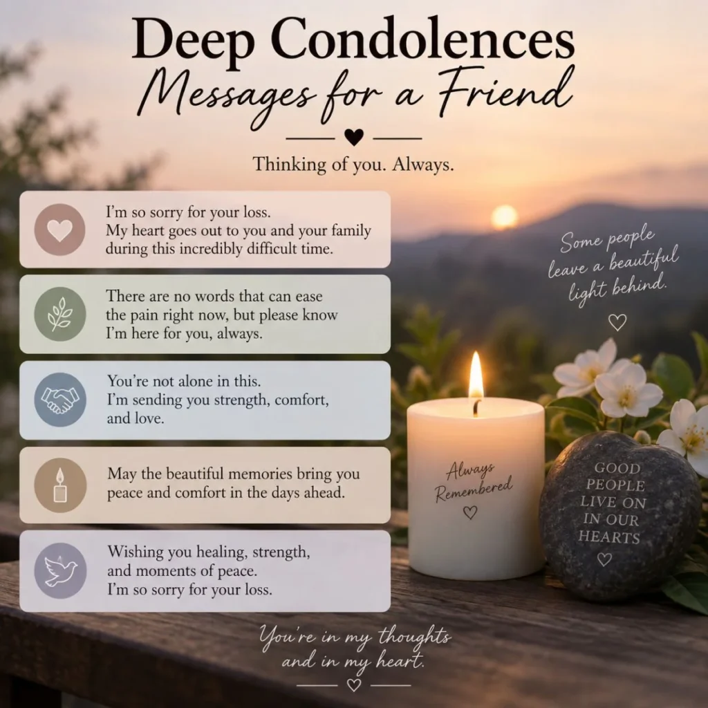 Deep condolences messages for a friend with comforting sympathy quotes, candle, flowers, and sunset