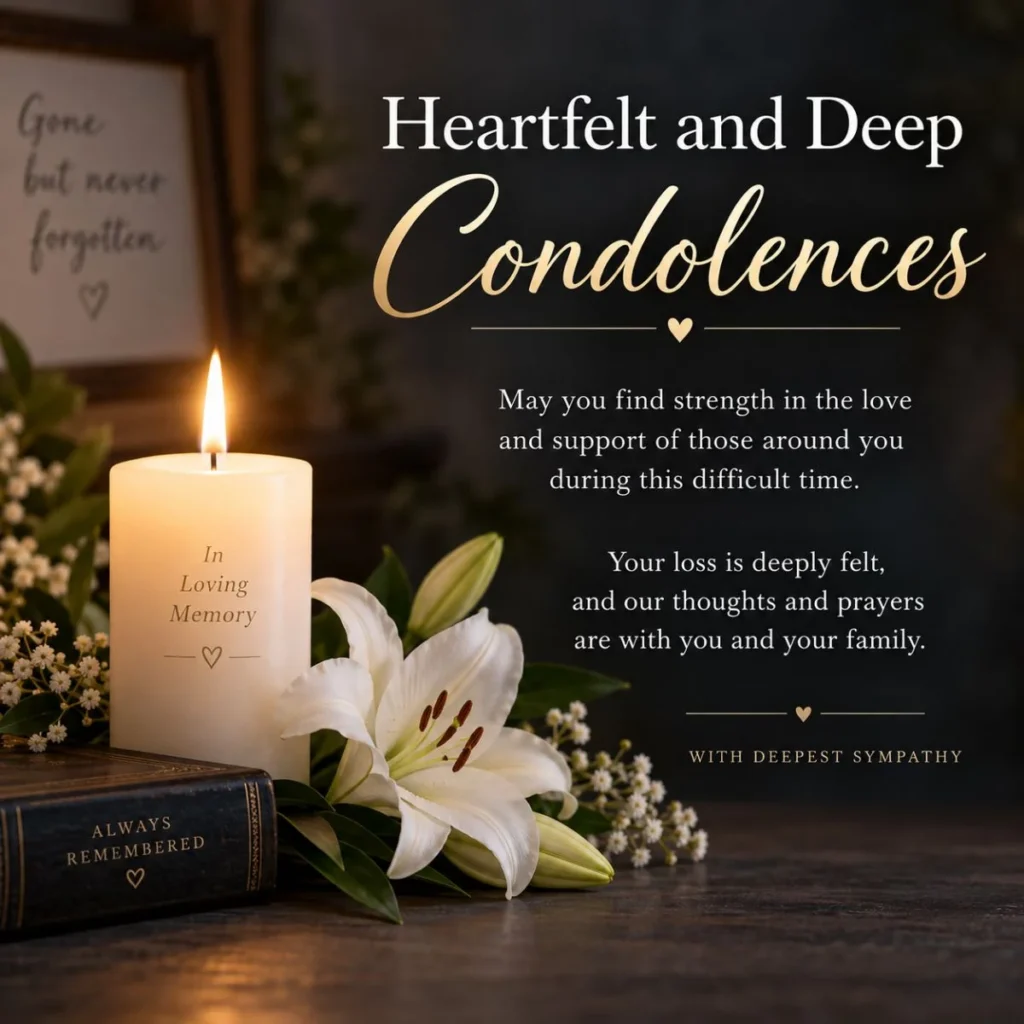 Heartfelt and deep condolences message with candle, white lilies, and loving remembrance