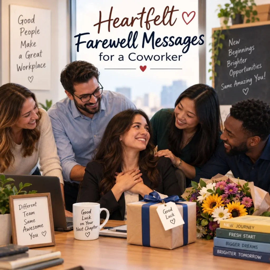 Coworkers sharing heartfelt farewell messages with a departing colleague during an emotional office celebration.