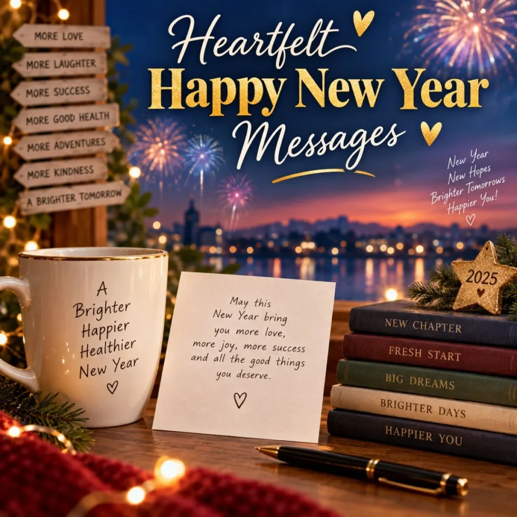 Heartfelt Happy New Year messages with warm lights, fireworks, and an inspirational New Year greeting card
