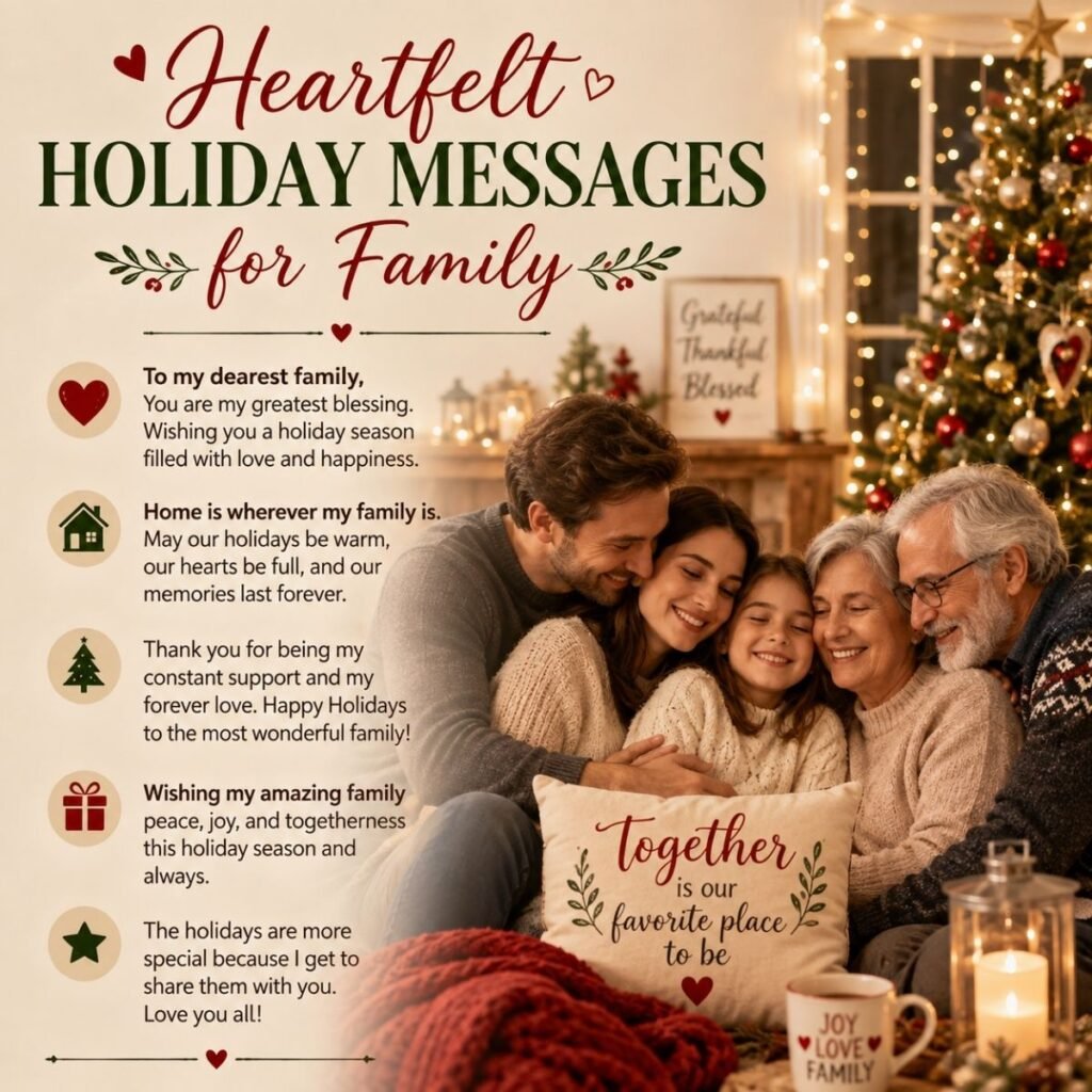 Heartfelt holiday messages for family with a cozy Christmas tree and loving family gathering