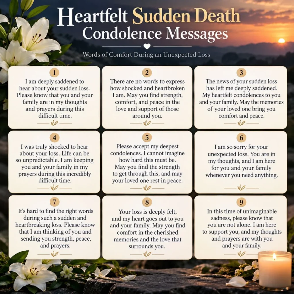 Heartfelt sudden death condolence messages with comforting words, white lilies, candlelight, and sunset background