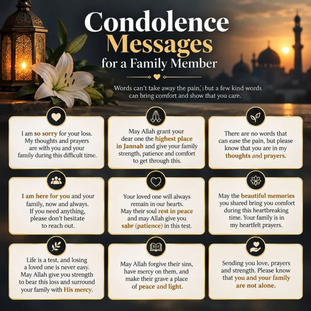 Condolence messages for a family member with heartfelt words, prayers, and comfort after loss