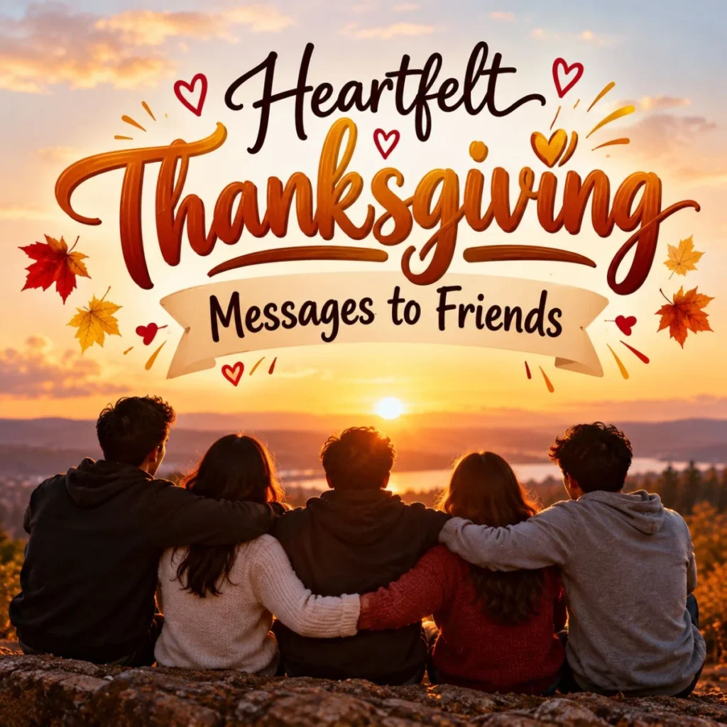 Heartfelt Thanksgiving messages to friends with a warm sunset and friends sharing a peaceful moment