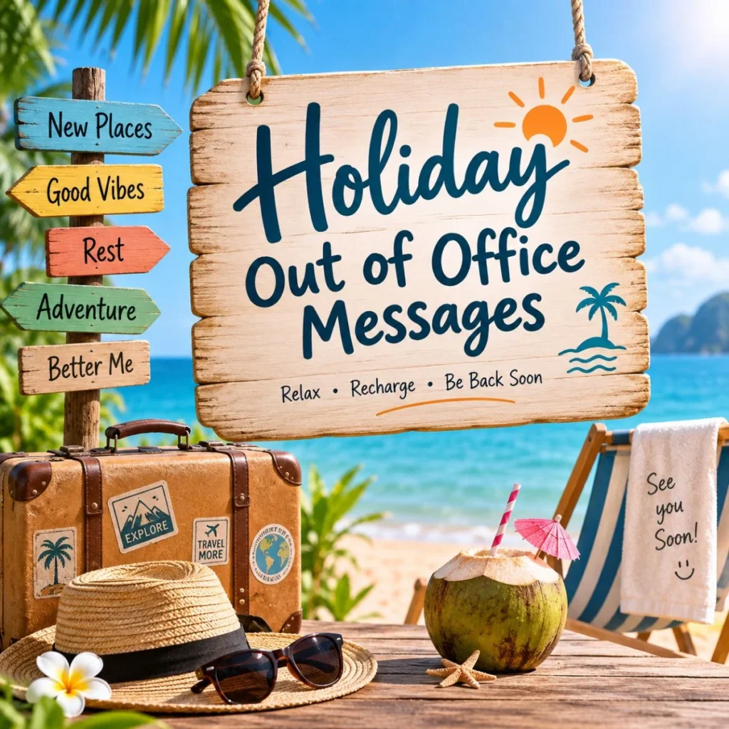 Holiday out of office messages on a tropical beach vacation sign