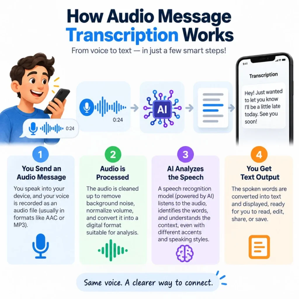 How audio message transcription works, showing voice recording, AI speech analysis, and text conversion steps.