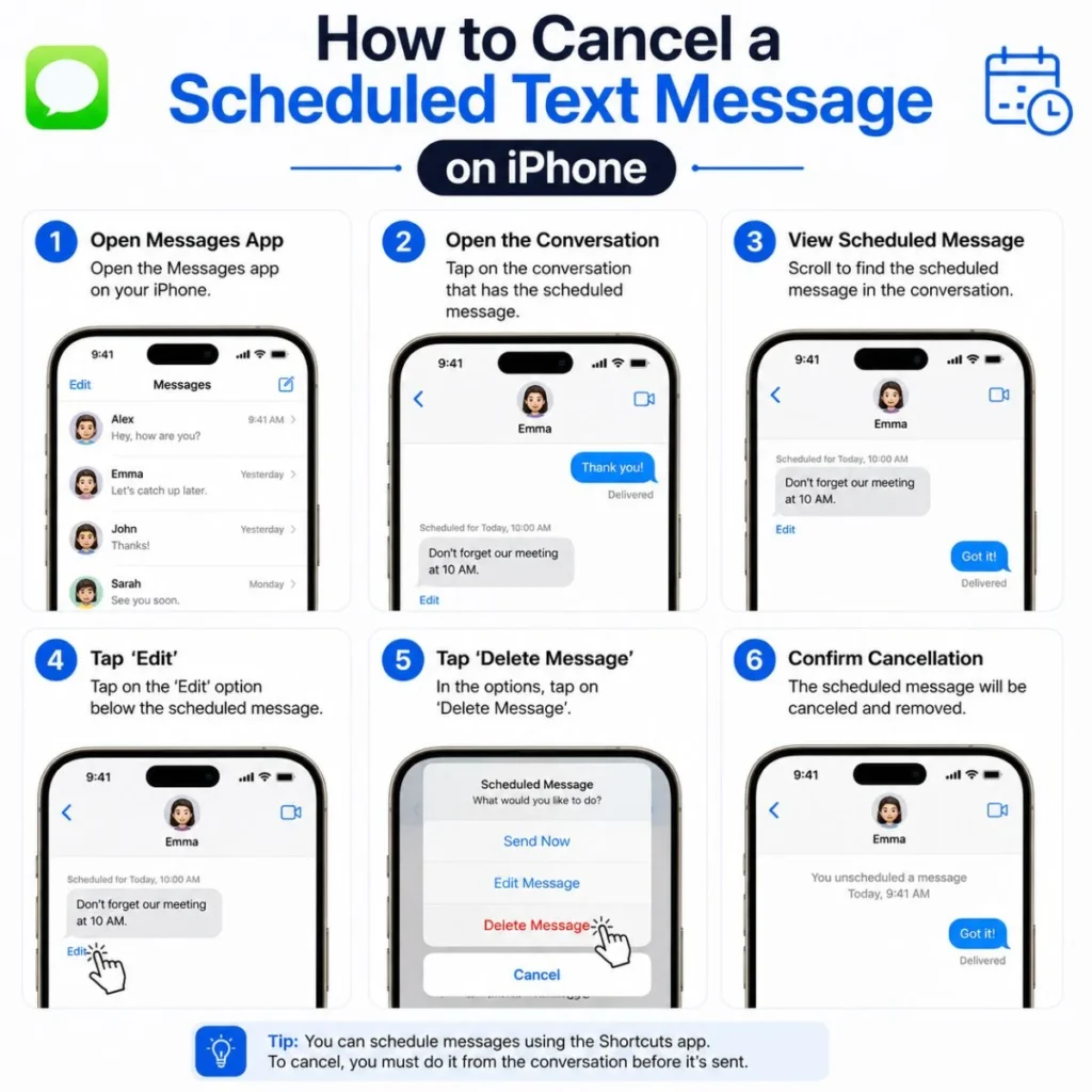 How to cancel a scheduled text message on iPhone with six simple steps shown in a visual guide.