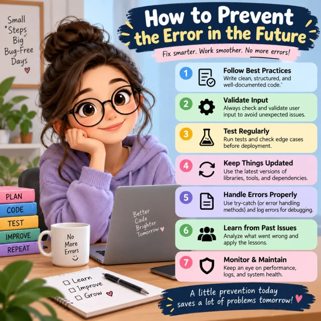 How to prevent future errors with coding best practices, testing, input validation, and proper error handling