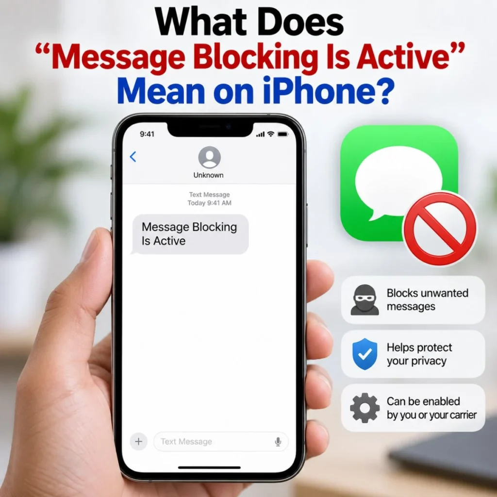 Message Blocking Is Active on iPhone showing blocked text messages and privacy protection