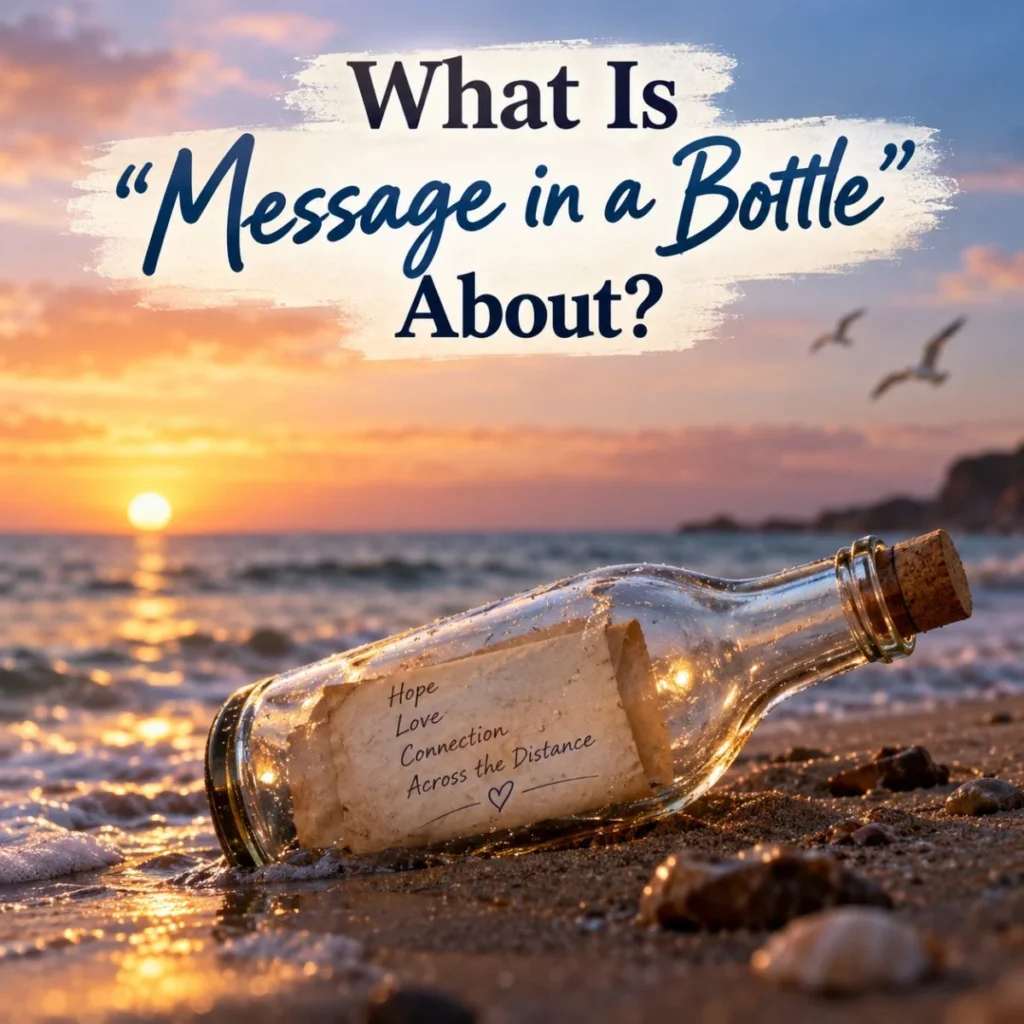 Message in a Bottle meaning with a romantic sunset beach and handwritten note inside a glass bottle