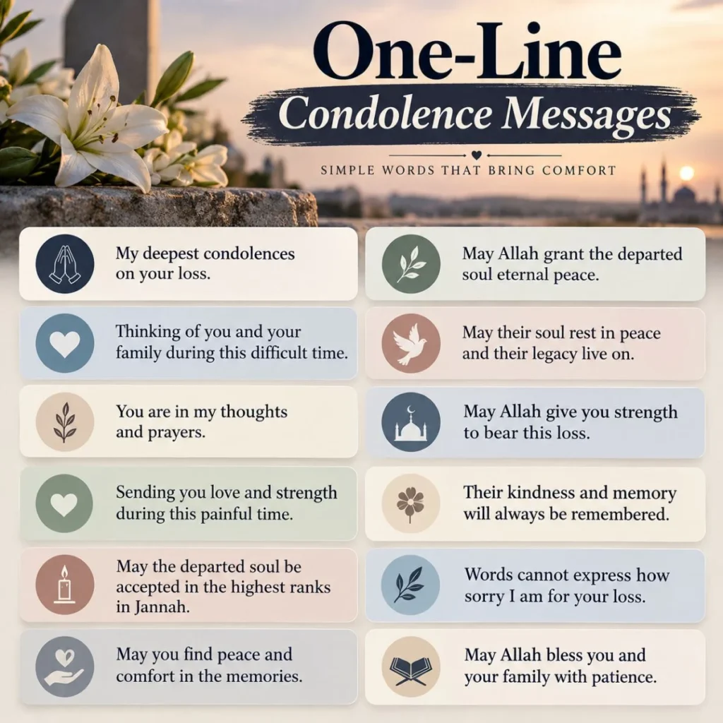 One-line condolence messages with heartfelt sympathy, prayers, and words of comfort for someone grieving a loss.