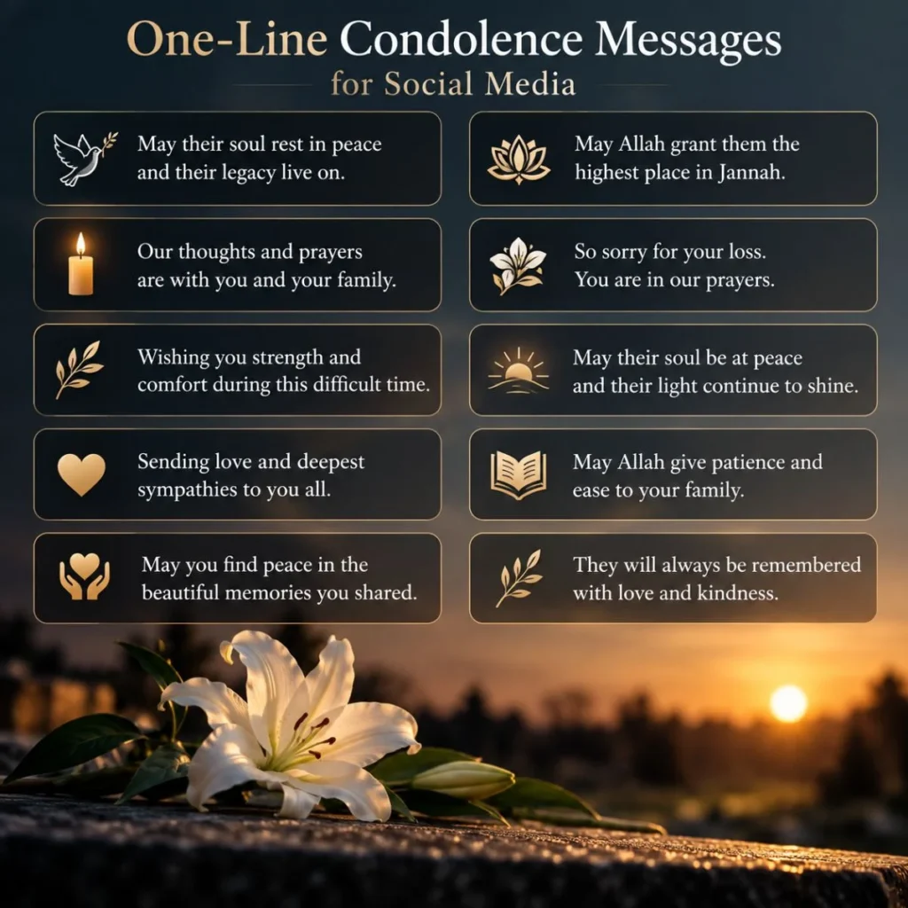 One-line condolence messages for social media with peaceful floral and sunset background