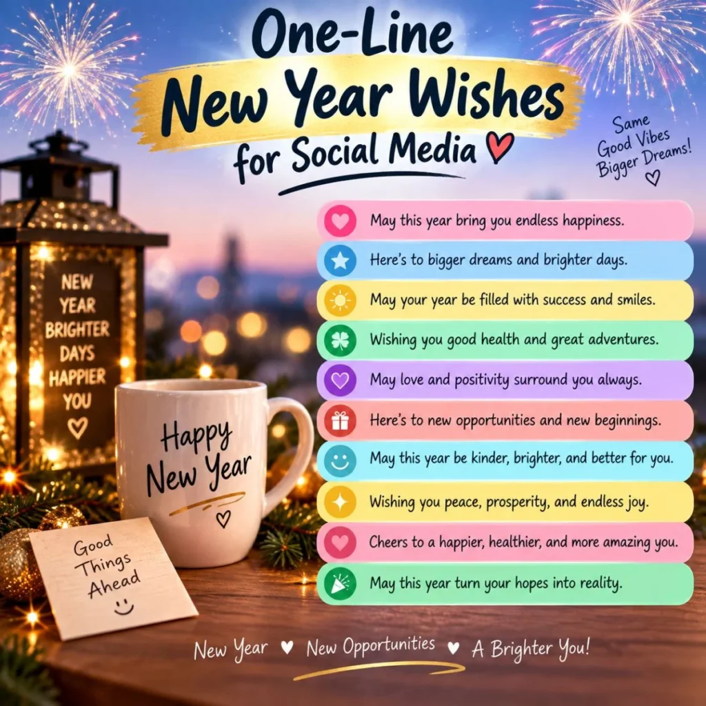 One-line New Year wishes for social media with fireworks, festive lights, and colorful greeting messages