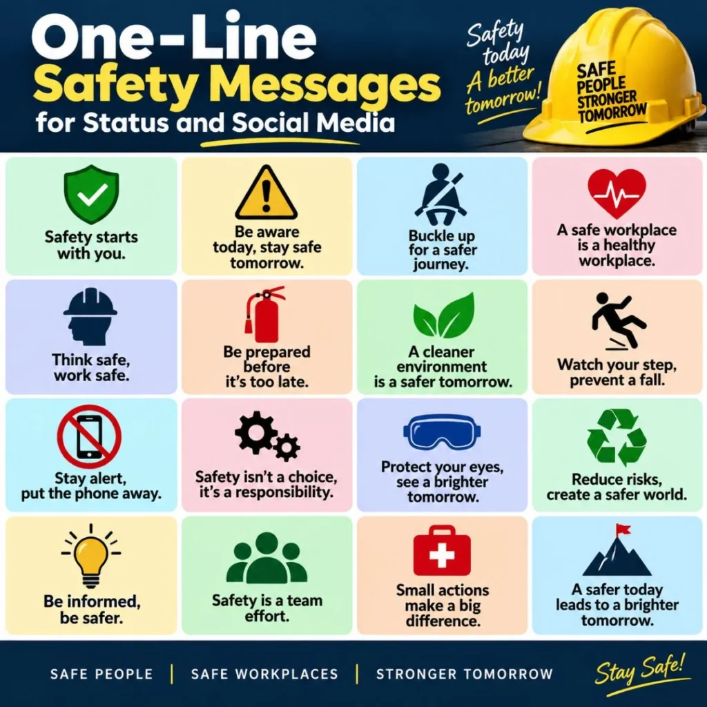 One-line safety messages for status and social media with workplace safety tips and icons
