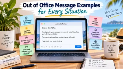 Out of office message examples on a laptop with vacation and professional message notes
