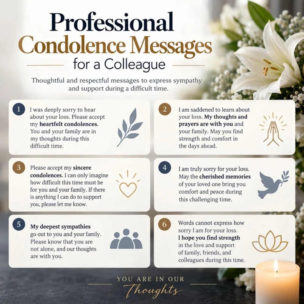 Professional condolence messages for a colleague with thoughtful sympathy and support messages.