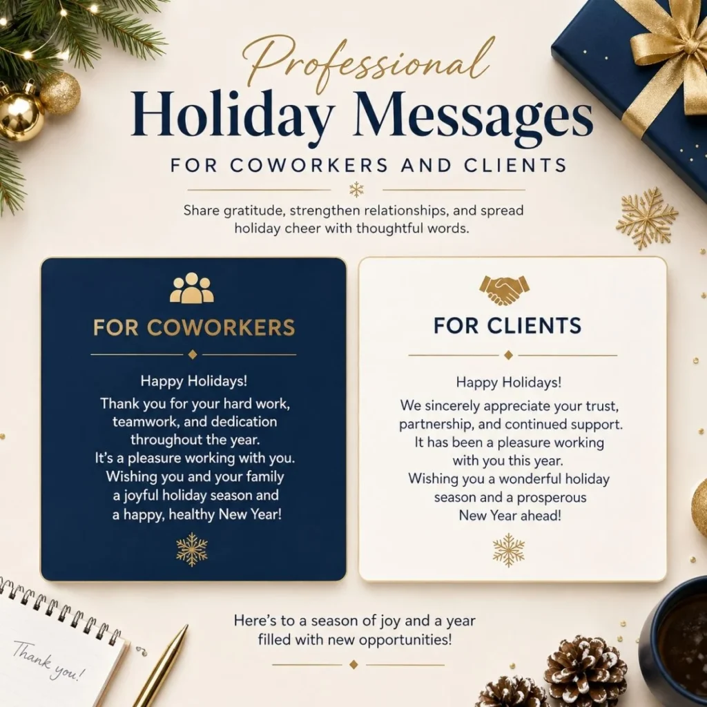 Professional holiday messages for coworkers and clients with elegant festive business-themed design