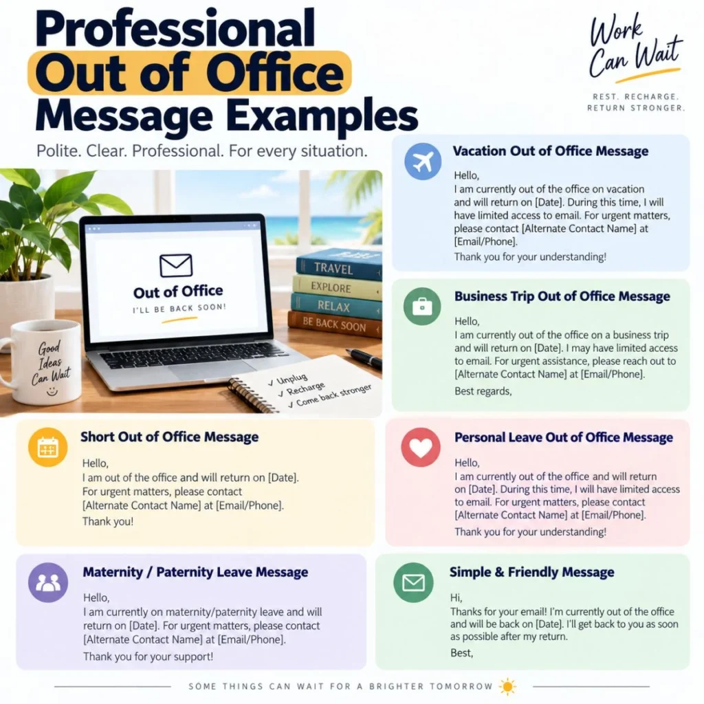 Professional out of office message examples for vacations, business trips, personal leave, and short absences