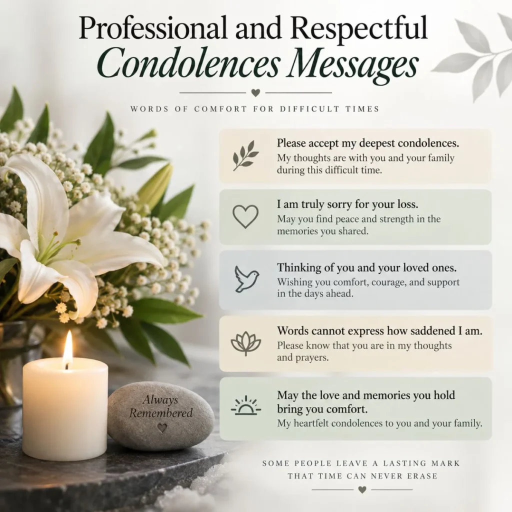 Professional and respectful condolences messages with white lilies, candle, and comforting sympathy quotes