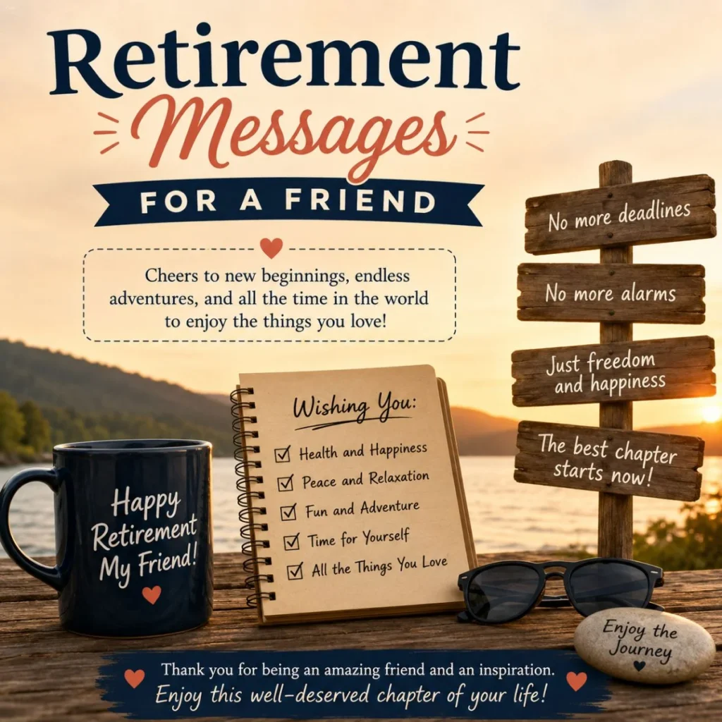 Retirement messages for a friend with heartfelt wishes celebrating a happy new chapter