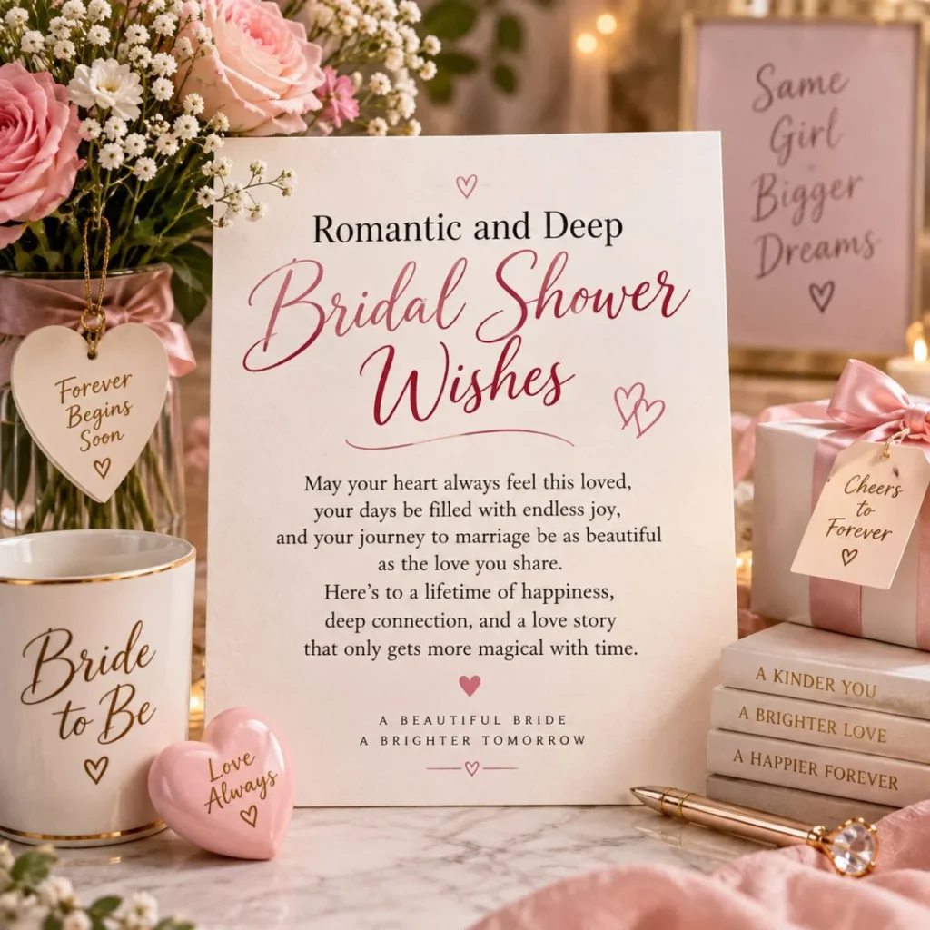Romantic and deep bridal shower wishes with pink roses, candles, gifts, and an elegant wedding card