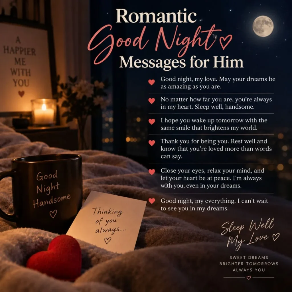 Romantic good night messages for him with cozy bedroom and moonlit night theme