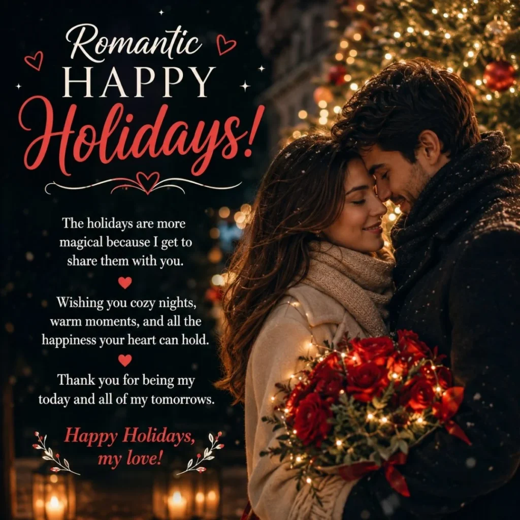 Romantic happy holidays message with a couple embracing beside a glowing Christmas tree
