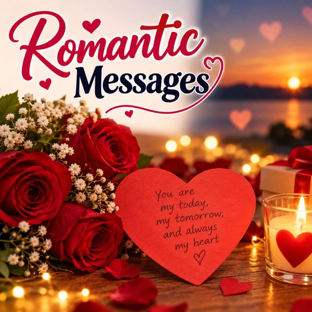 Romantic messages with red roses, heart note, candles, and sunset background