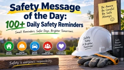 Safety message of the day with daily reminders, hard hat, gloves, and safe living icons
