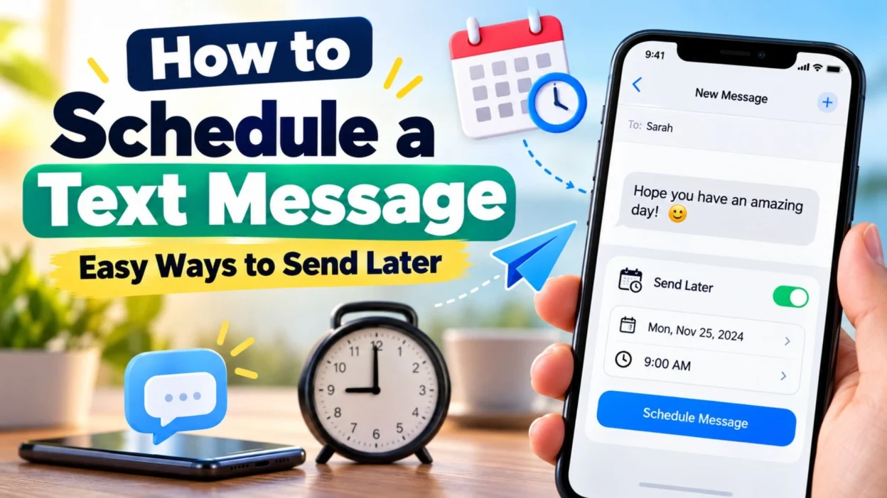 How to schedule a text message using a smartphone with a calendar, clock, and send later option