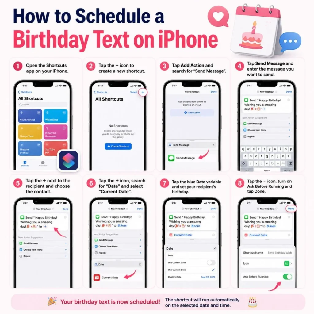 How to schedule a birthday text on iPhone using the Shortcuts app step by step