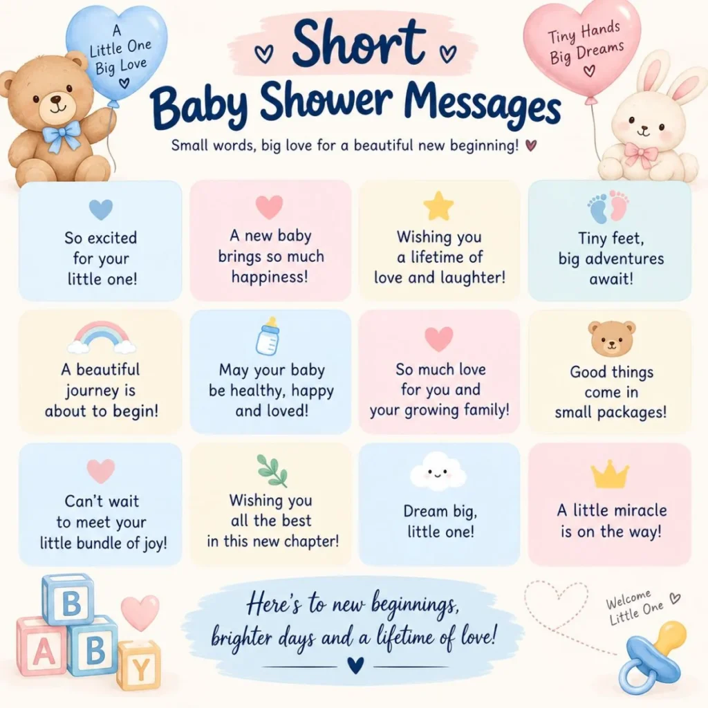 Short baby shower messages with cute teddy bear, bunny, balloons, and pastel baby-themed cards