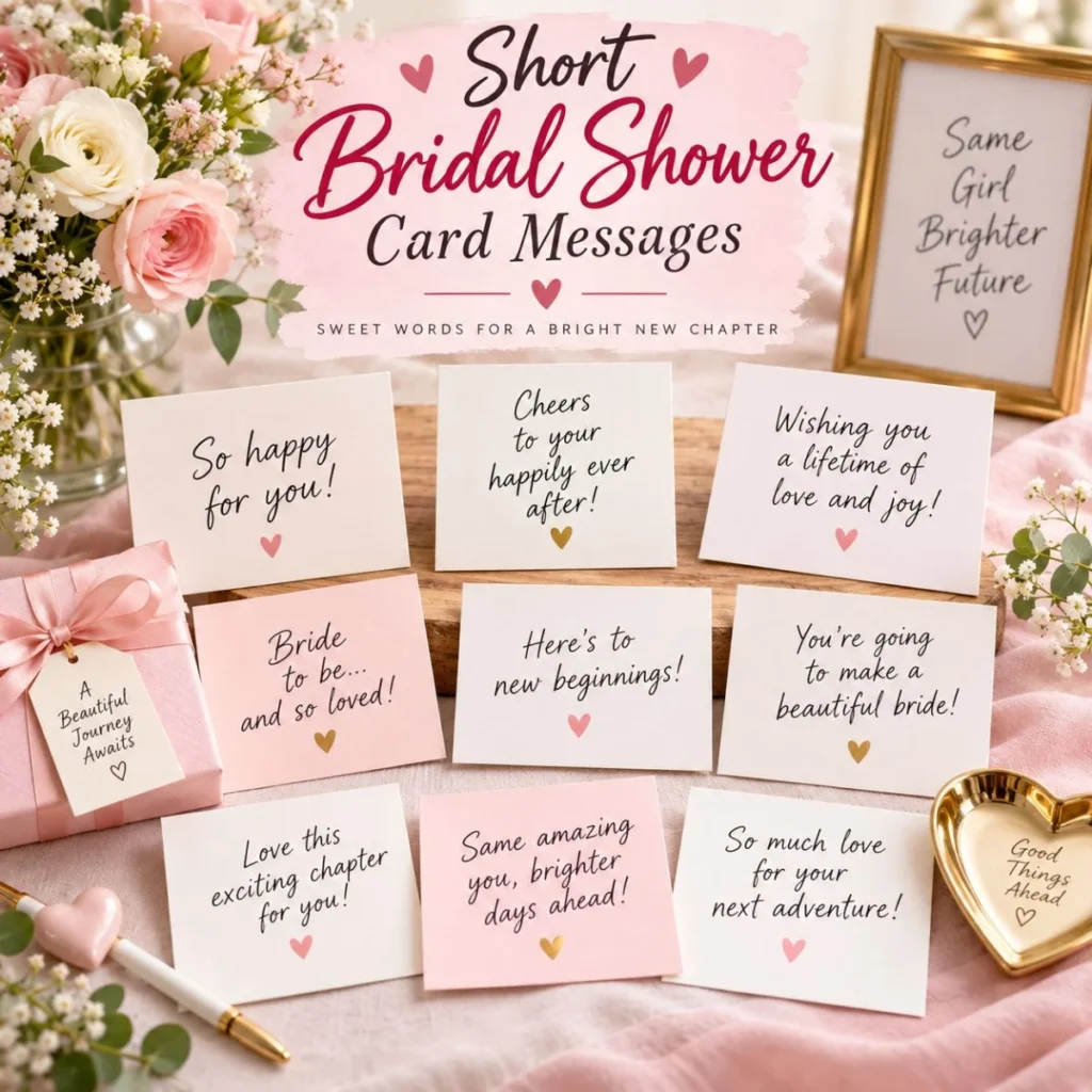 Short bridal shower card messages with romantic wishes, flowers, gifts, and elegant pink decorations