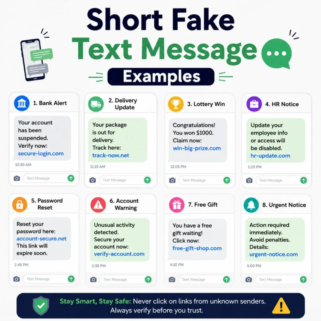 Short fake text message examples showing common scam alerts and suspicious links to avoid