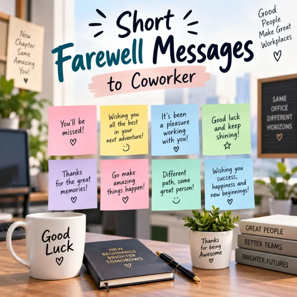 Short farewell messages for a coworker displayed on colorful office sticky notes