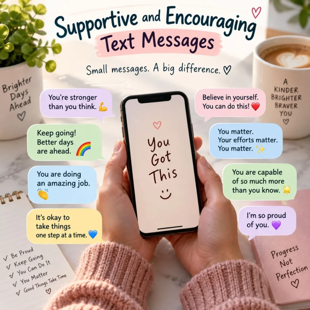 Supportive and encouraging text messages with uplifting affirmations displayed around a smartphone