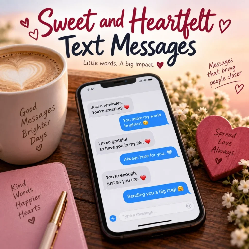 Sweet and heartfelt text messages on a phone with coffee, flowers, and heart-shaped decor
