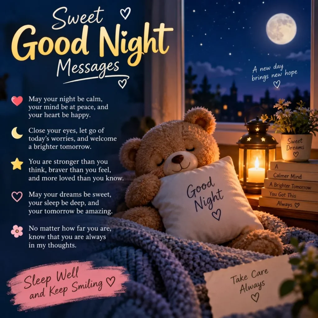 Sweet good night messages with a cozy teddy bear, moonlit window, and warm bedside lantern