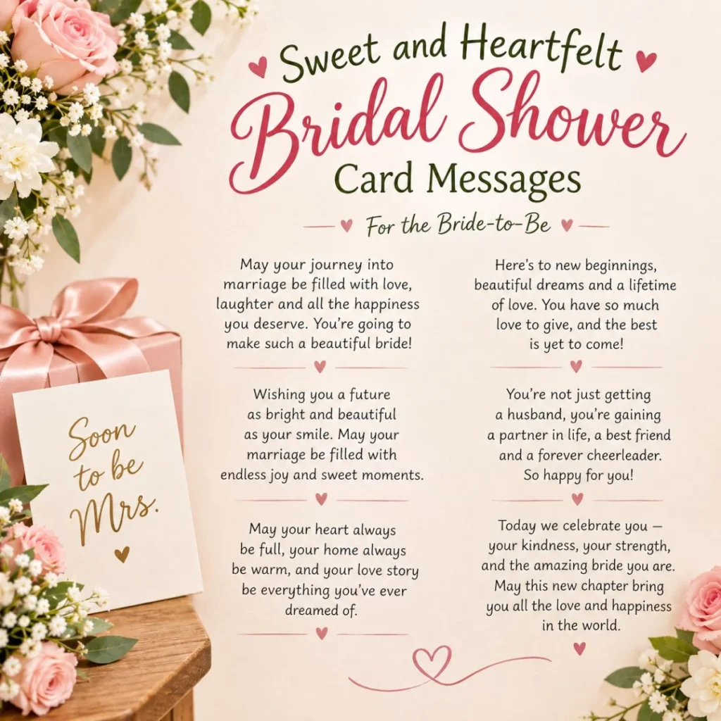 Sweet and heartfelt bridal shower card messages with pastel notes, flowers, ribbons, and wedding wishes
