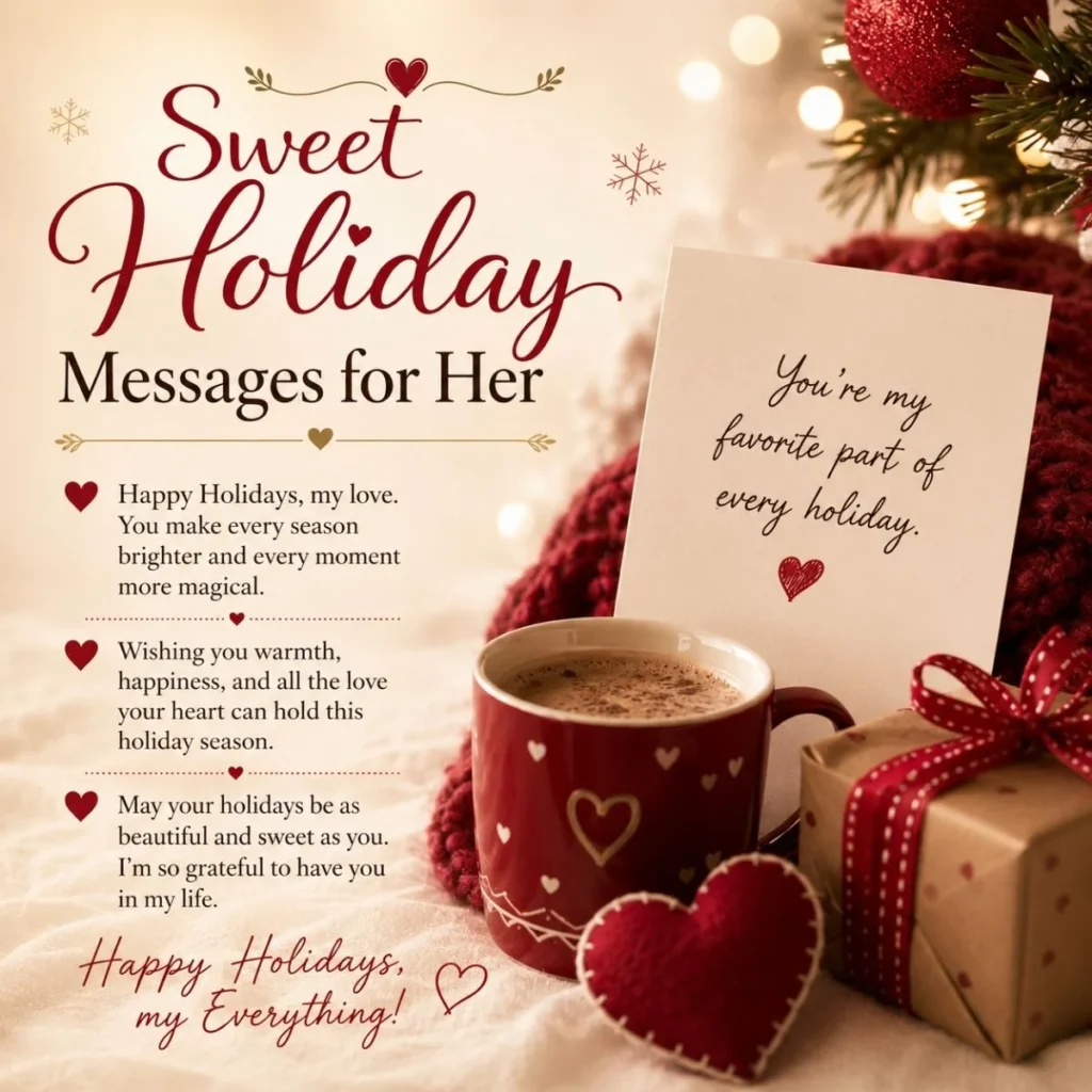 Sweet holiday messages for her with cozy Christmas gifts, cocoa, hearts, and warm festive lights.