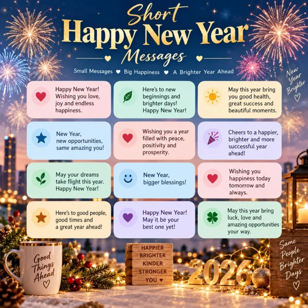 Short Happy New Year messages with festive fireworks, 2026 decorations, and heartfelt wishes for happiness and success
