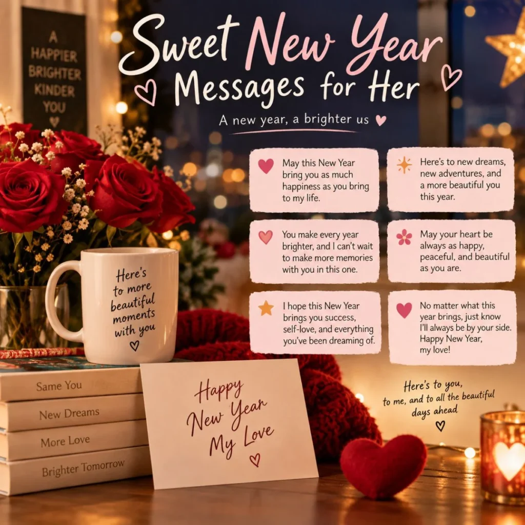 Sweet New Year messages for her with roses, hearts, and romantic wishes in a cozy festive setting