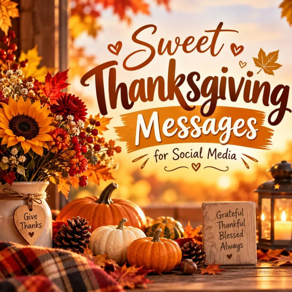 Sweet Thanksgiving messages for social media with autumn leaves, pumpkins, flowers, and warm décor